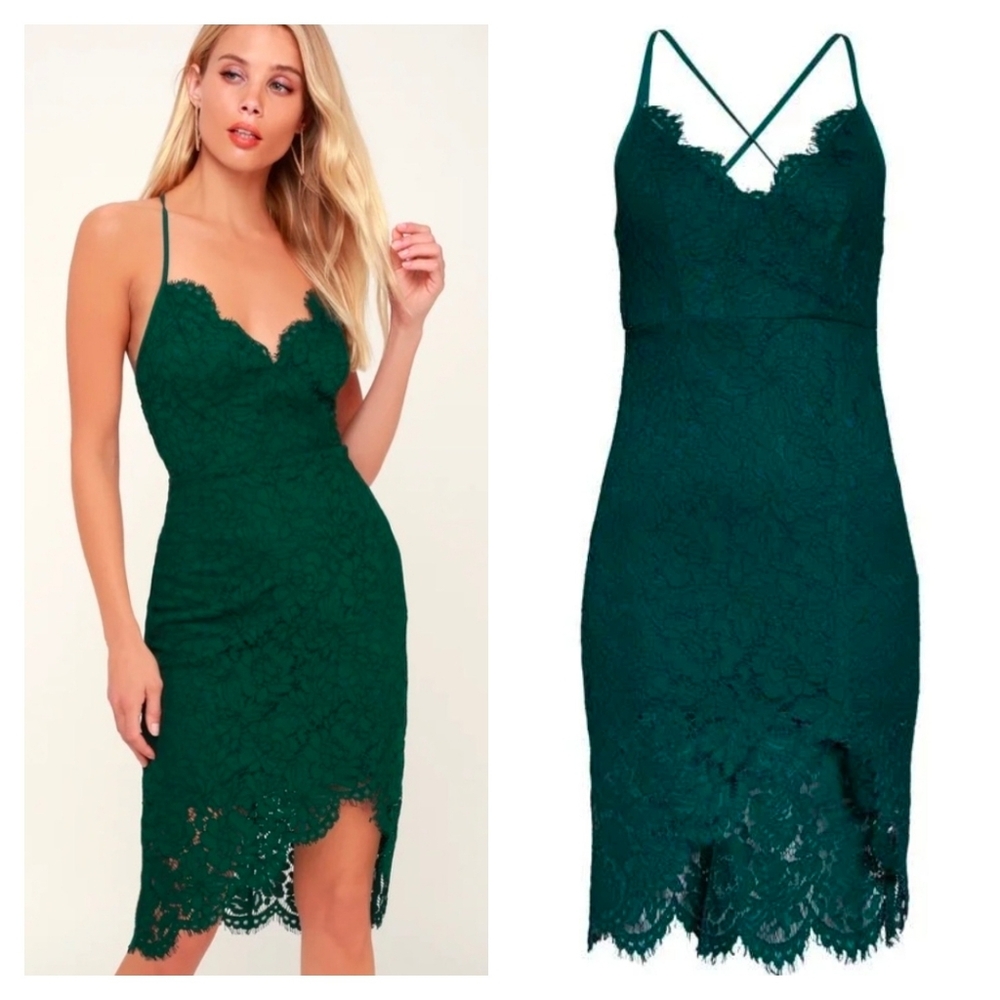 Lulu's Flirting with Desire Emerald Green Lace Bodycon Dress | Medium
